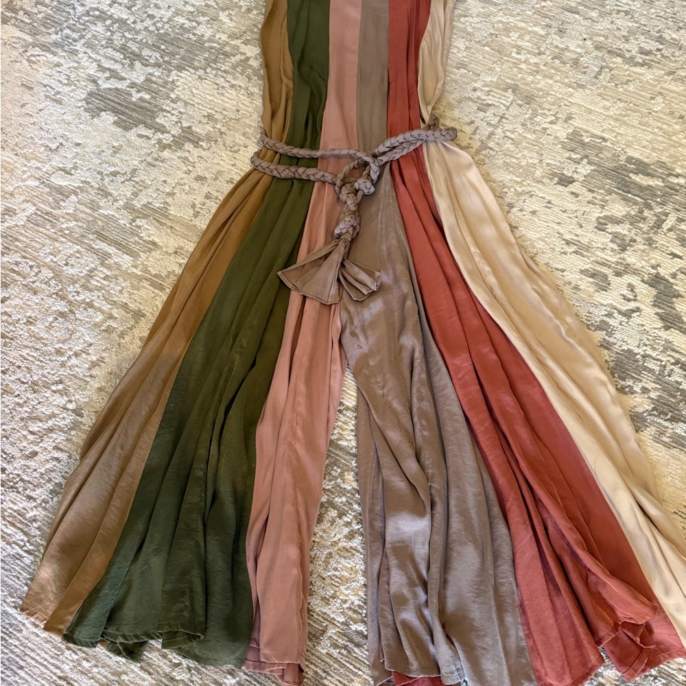 Storia Wide Leg Striped Multicolor Maxi Jumpsuit Dress with Tassel Belt